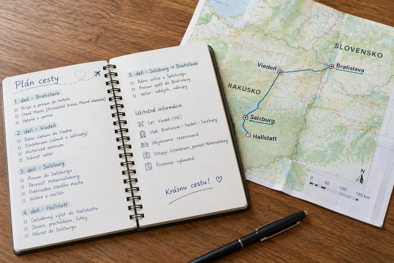 Zápisník s rozpisom cesty po dňoch, mapa a ceruzka